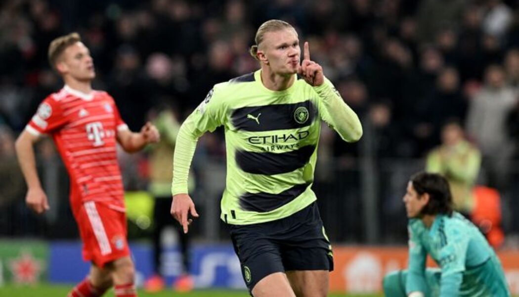 Manchester City vs Bayern Munich Highlights – 19/04/2023   (Picture – Erling Haaland Shushing The Feisty Crowd, After Scoring..)