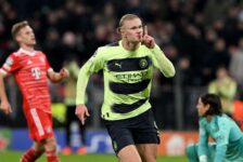 Manchester City vs Bayern Munich Highlights – 19/04/2023   (Picture – Erling Haaland Shushing The Feisty Crowd, After Scoring..)