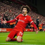 FA CUP – 28/02/2024  (PHOTO – JAYDEN DANNS CELEBRATES SCORING A BRACE FOR LIVERPOOL)