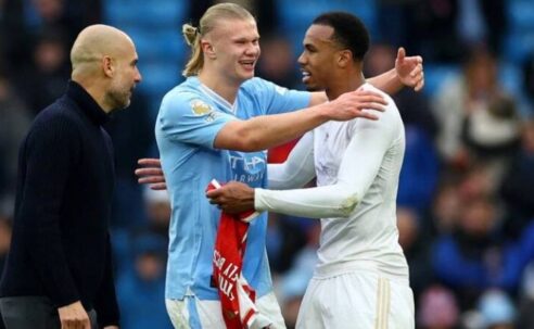 PREMIER LEAGUE:  MAN CITY VS ARSENAL – 31/03/2024 – (PHOTO – THERE WAS MORE THAN A LITTLE ARGEY-BARGEY BETWEEN HAALAND AND GABRIEL THROUGHOUT THE MATCH…!)