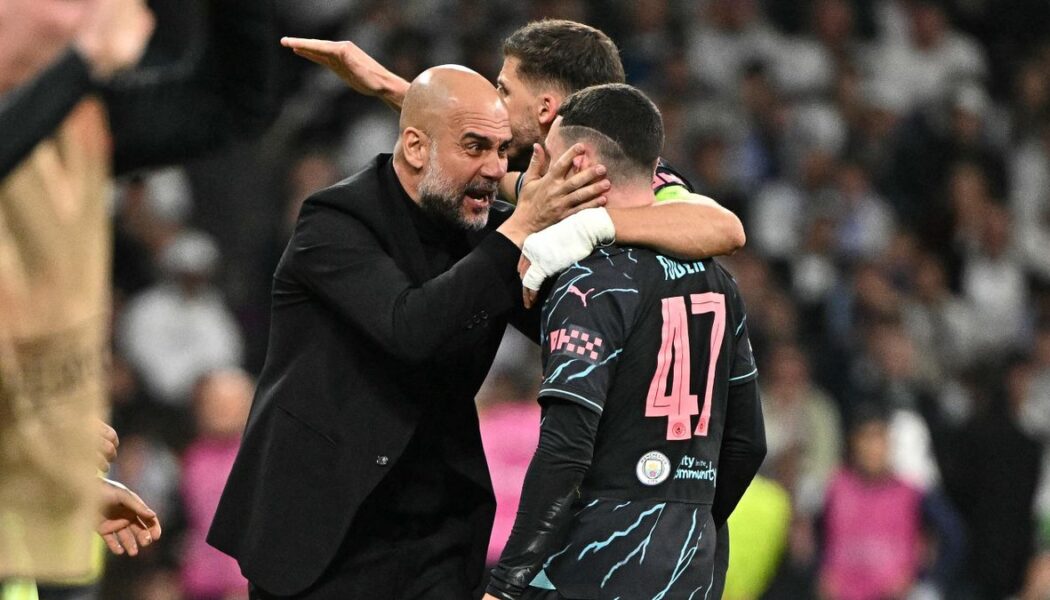 CHAMPIONS LEAGUE : REAL MADRID VS MANCHESTER CITY – 09/04/2024  (PHOTO – PEP CONGRATULATES PHIL FODEN)