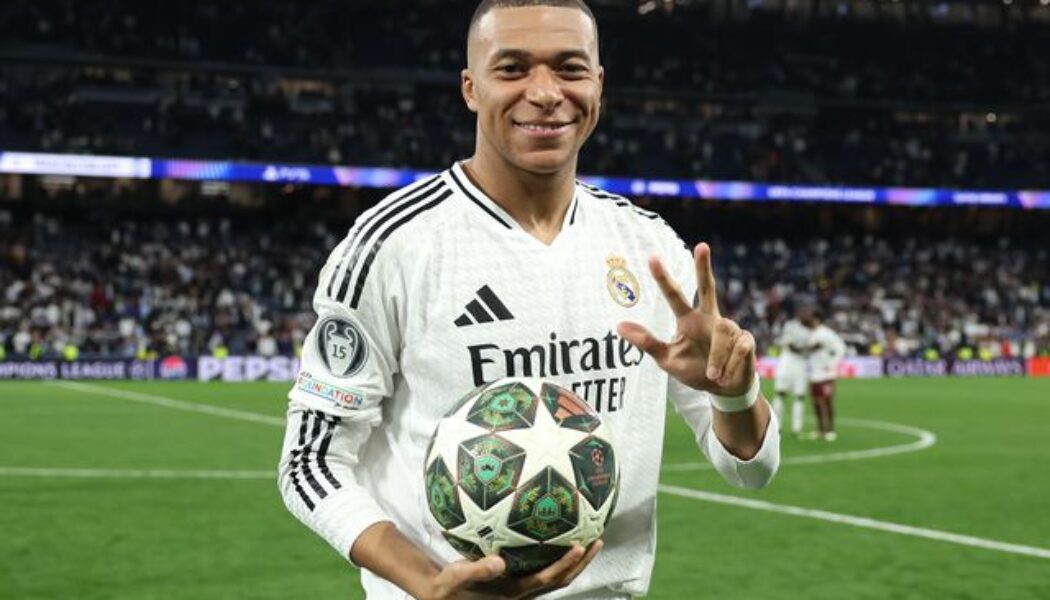 CHAMPIONS LEAGUE :  REAL MADRID VS MAN CITY – 19/02/2025  (PHOTO – MBAPPE CELEBRATES HIS HAT-TRICK)