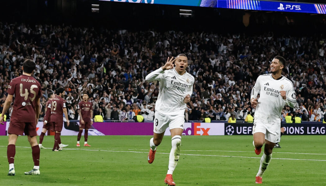 CHAMPIONS LEAGUE :  REAL MADRID VS MAN CITY – 19/02/2025  (PHOTO – MBAPPE CELEBRATES HIS HAT-TRICK)