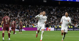 CHAMPIONS LEAGUE :  REAL MADRID VS MAN CITY – 19/02/2025  (PHOTO – MBAPPE CELEBRATES HIS HAT-TRICK)