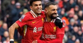 PREMIER LEAGUE : SUNDAY – LIVERPOOL VS WOLVES – 16/02/2025 – (PHOTO – LUIS DIAZ AND MO SALAH CELEBRATE)