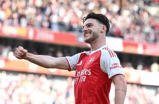 PREMIER LEAGUE : SUNDAY – 18/05/2025  (PHOTO – DECLAN RICE CELEBRATES)