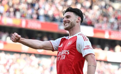 PREMIER LEAGUE : SUNDAY – 18/05/2025  (PHOTO – DECLAN RICE CELEBRATES)