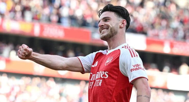 PREMIER LEAGUE : SUNDAY – 18/05/2025  (PHOTO – DECLAN RICE CELEBRATES)