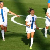 UEFA WOMEN’S EUROS 2025 – 02/07/2025   (PHOTO – FINLAND’S KATARINA KOSOLA CELEBRATES WITH HER TEAM-MATES)