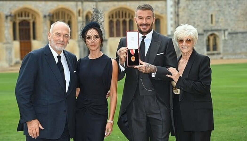 DAVID BECKHAM SPEAKS OF HIS PRIDE AFTER BEING KNIGHTED BY KING CHARLES ON 04/11/2025 (PHOTO – SIR DAVID, LADY VICTORIA & DAVID’S PARENTS TED AND SANDRA)