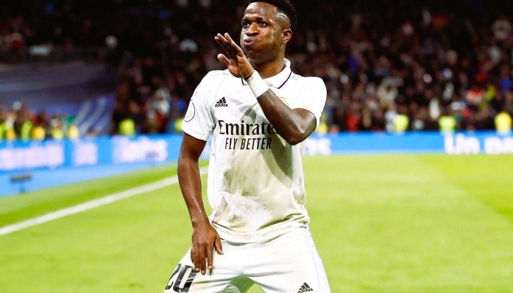 CHAMPIONS LEAGUE KNOCKOUT PLAY-OFFS :  WEDNESDAY – 25/02/2026 (PHOTO – VINICIUS JUNIOR ‘DOES A LITTLE DANCE’ TO CELEBRATE SCORING WINNER FOR REAL MADRID!)