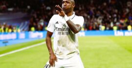 CHAMPIONS LEAGUE KNOCKOUT PLAY-OFFS :  WEDNESDAY – 25/02/2026 (PHOTO – VINICIUS JUNIOR ‘DOES A LITTLE DANCE’ TO CELEBRATE SCORING WINNER FOR REAL MADRID!)