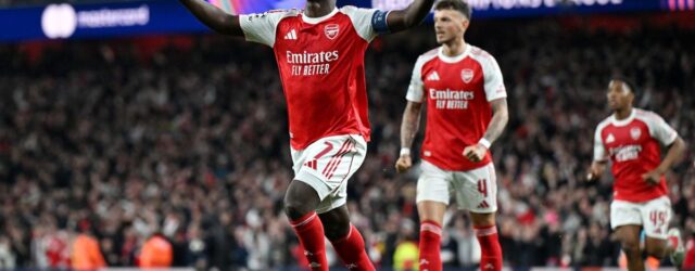 CHAMPIONS LEAGUE SEMI-FINAL : ARSENAL VS ATLETICO MADRID – 05/05/2026 (PHOTO – BUKAYO SAKA CELEBRATES)