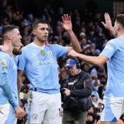 PREMIER LEAGUE : 30/12/2023  (PHOTO – RODRI, ALVAREZ AND FODEN CELEBRATE)