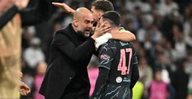 CHAMPIONS LEAGUE : REAL MADRID VS MANCHESTER CITY – 09/04/2024  (PHOTO – PEP CONGRATULATES PHIL FODEN)