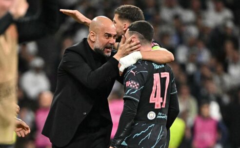 CHAMPIONS LEAGUE : REAL MADRID VS MANCHESTER CITY – 09/04/2024  (PHOTO – PEP CONGRATULATES PHIL FODEN)