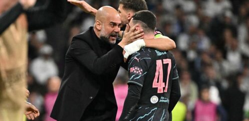 CHAMPIONS LEAGUE : REAL MADRID VS MANCHESTER CITY – 09/04/2024  (PHOTO – PEP CONGRATULATES PHIL FODEN)