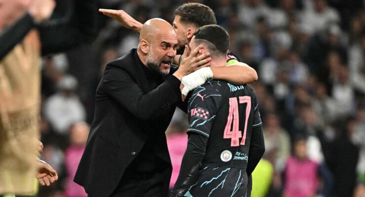 CHAMPIONS LEAGUE : REAL MADRID VS MANCHESTER CITY – 09/04/2024  (PHOTO – PEP CONGRATULATES PHIL FODEN)