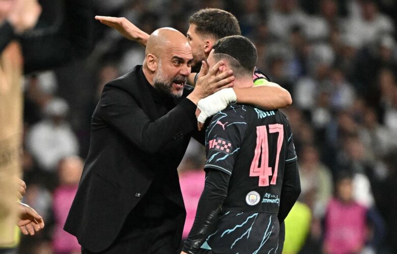 CHAMPIONS LEAGUE : REAL MADRID VS MANCHESTER CITY – 09/04/2024  (PHOTO – PEP CONGRATULATES PHIL FODEN)
