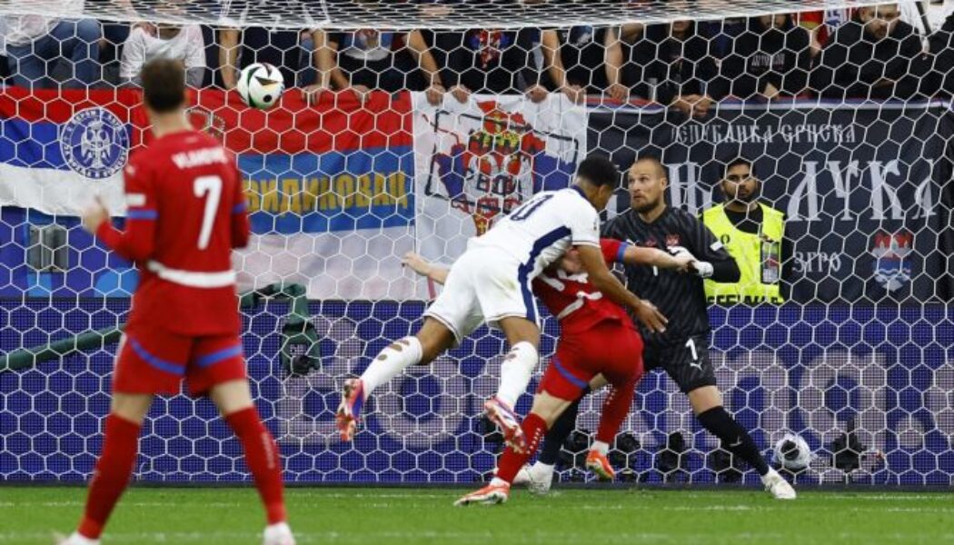 EUROS 2024 – 16/06/2024   (PHOTO – JUDE BELLINGHAM HEADS THE BALL INTO THE BACK OF THE NET)