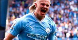 PREMIER LEAGUE 2023:  MANCHESTER CITY VS FULHAM – 02/09/2023 (PHOTO – ERLING HAALAND CELEBRATES HIS HAT-TRICK)