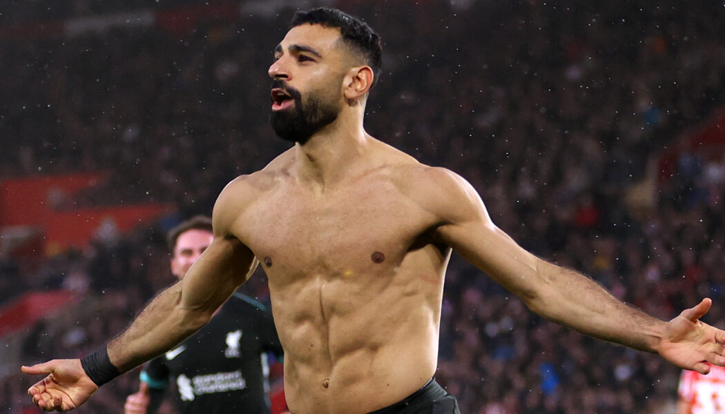 PREMIER LEAGUE : SUNDAY – 24/11/2024  (PHOTO – MO SALAH CELEBRATES SCORING A BRACE BY SHOWING OFF HIS CHISELLED ABS!)