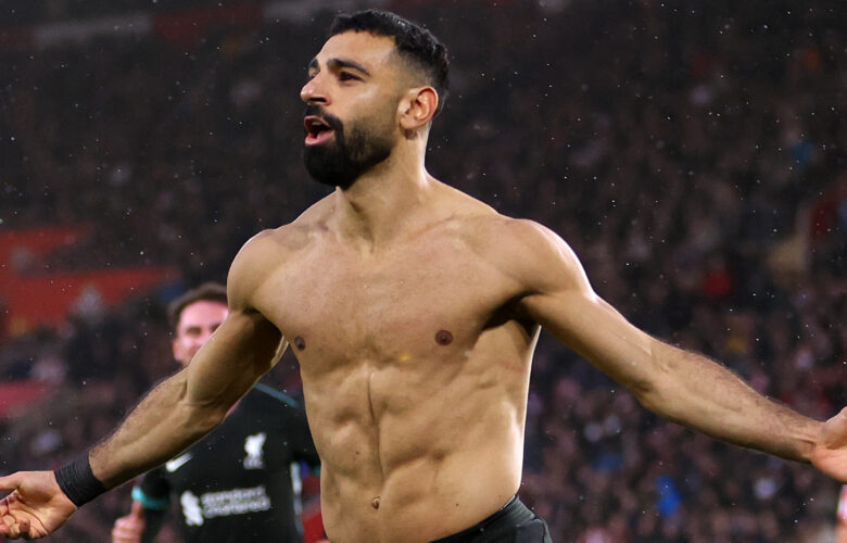 PREMIER LEAGUE : SUNDAY – 24/11/2024  (PHOTO – MO SALAH CELEBRATES SCORING A BRACE BY SHOWING OFF HIS CHISELLED ABS!)