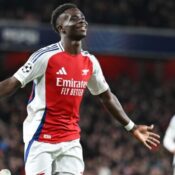 CHAMPIONS LEAGUE : WEDNESDAY – 11/12/2024  (PHOTO – BUKAYO SAKA CELEBRATES SCORING A BRACE FOR ARSENAL!)