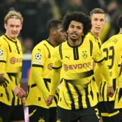 UEFA CHAMPIONS LEAGUE :  BORUSSIA DORTMUND VS LILLE – 04/03/2025  (PHOTO – KARIM ADEYEMI CELEBRATES WITH HIS TEAM-MATES)