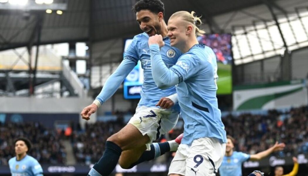 PREMIER LEAGUE : SATURDAY – 15/03/2025  (PHOTO – ERLING HAALAND AND MARMOUSH BOTH CELEBRATE SCORING FOR MAN CITY)