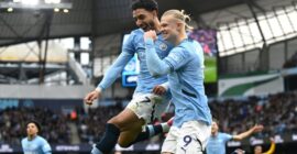 PREMIER LEAGUE : SATURDAY – 15/03/2025  (PHOTO – ERLING HAALAND AND MARMOUSH BOTH CELEBRATE SCORING FOR MAN CITY)