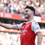 PREMIER LEAGUE : SUNDAY – 18/05/2025  (PHOTO – DECLAN RICE CELEBRATES)