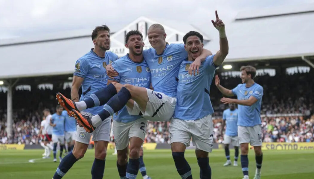 PREMIER LEAGUE : SUNDAY – 25/05/2025  (PHOTO – ERLING HAALAND AND MAN CITY CELEBRATE)