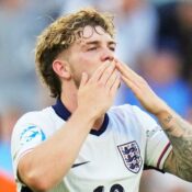 EUROPEAN UNDER-21 SEMI-FINAL:  ENGLAND U21’s vs NETHERLANDS U21’s – 25/06/2025  (PHOTO – HARVEY ELLIOTT CELEBRATES)