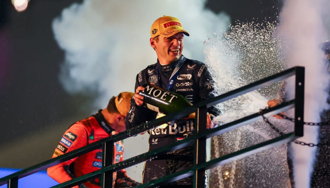 MAX VERSTAPPEN WINS THE LAS VEGAS GRAND PRIX 2025  (PHOTO – MAX CELEBRATES ON THE PODIUM)