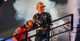 MAX VERSTAPPEN WINS THE LAS VEGAS GRAND PRIX 2025  (PHOTO – MAX CELEBRATES ON THE PODIUM)
