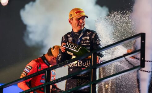 MAX VERSTAPPEN WINS THE LAS VEGAS GRAND PRIX 2025  (PHOTO – MAX CELEBRATES ON THE PODIUM)