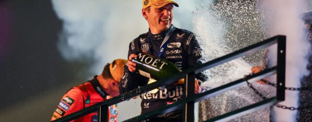 MAX VERSTAPPEN WINS THE LAS VEGAS GRAND PRIX 2025  (PHOTO – MAX CELEBRATES ON THE PODIUM)