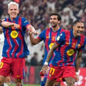 SPANISH SUPER CUP FINAL :  BARCELONA VS REAL MADRID – 11/01/2026 – (PHOTO – RAPHINHA AND BARCELONA CELEBRATE)