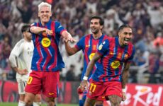 SPANISH SUPER CUP FINAL :  BARCELONA VS REAL MADRID – 11/01/2026 – (PHOTO – RAPHINHA AND BARCELONA CELEBRATE)