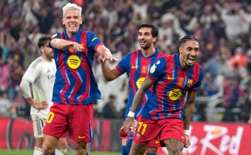 SPANISH SUPER CUP FINAL :  BARCELONA VS REAL MADRID – 11/01/2026 – (PHOTO – RAPHINHA AND BARCELONA CELEBRATE)