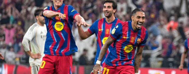 SPANISH SUPER CUP FINAL :  BARCELONA VS REAL MADRID – 11/01/2026 – (PHOTO – RAPHINHA AND BARCELONA CELEBRATE)