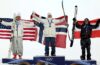 MEN’S “BIG AIR” FINAL – 17/02/2026 – (PHOTO – GOLD MEDALLIST TORMOD FROSTAD (NORWAY) POSES WITH SILVER MEDALLIST MAC FOREHAND (USA) AND BRONZE MEDALLIST MATEJ SVANCER (AUSTRIA)