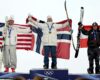 MEN’S “BIG AIR” FINAL – 17/02/2026 – (PHOTO – GOLD MEDALLIST TORMOD FROSTAD (NORWAY) POSES WITH SILVER MEDALLIST MAC FOREHAND (USA) AND BRONZE MEDALLIST MATEJ SVANCER (AUSTRIA)