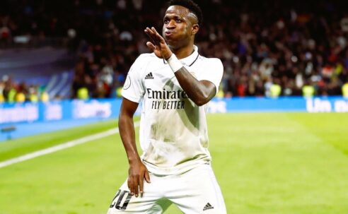 CHAMPIONS LEAGUE KNOCKOUT PLAY-OFFS :  WEDNESDAY – 25/02/2026 (PHOTO – VINICIUS JUNIOR ‘DOES A LITTLE DANCE’ TO CELEBRATE SCORING WINNER FOR REAL MADRID!)