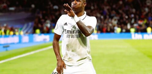 CHAMPIONS LEAGUE KNOCKOUT PLAY-OFFS :  WEDNESDAY – 25/02/2026 (PHOTO – VINICIUS JUNIOR ‘DOES A LITTLE DANCE’ TO CELEBRATE SCORING WINNER FOR REAL MADRID!)