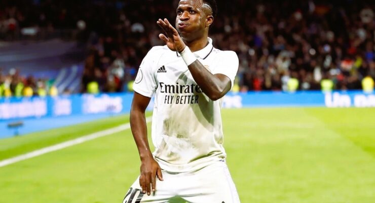CHAMPIONS LEAGUE KNOCKOUT PLAY-OFFS :  WEDNESDAY – 25/02/2026 (PHOTO – VINICIUS JUNIOR ‘DOES A LITTLE DANCE’ TO CELEBRATE SCORING WINNER FOR REAL MADRID!)