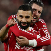 CHAMPIONS LEAGUE :  18/03/2026  (PHOTO – MO SALAH CELEBRATES SCORING HIS 50TH CHAMPIONS LEAGUE GOAL!)