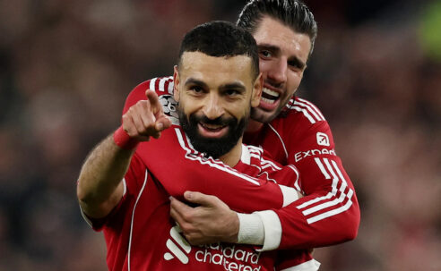 CHAMPIONS LEAGUE :  18/03/2026  (PHOTO – MO SALAH CELEBRATES SCORING HIS 50TH CHAMPIONS LEAGUE GOAL!)