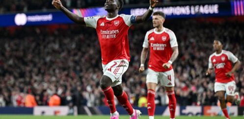 CHAMPIONS LEAGUE SEMI-FINAL : ARSENAL VS ATLETICO MADRID – 05/05/2026 (PHOTO – BUKAYO SAKA CELEBRATES)